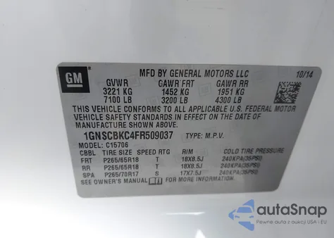 2015 Chevrolet Tahoe Lt from USA, damaged, VIN 1GNSCBKC4FR509037